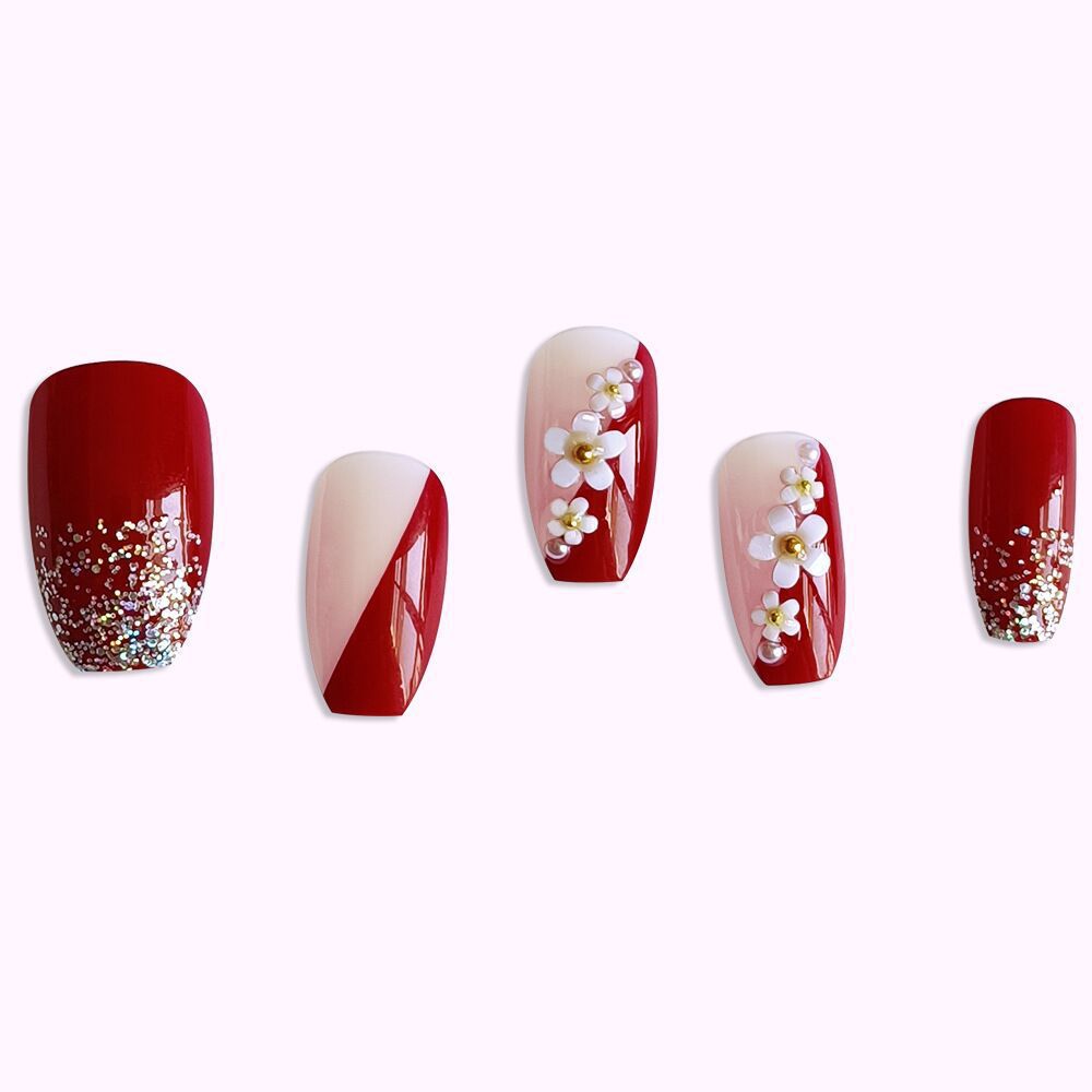 Red Nail Theory Medium Fake Nails