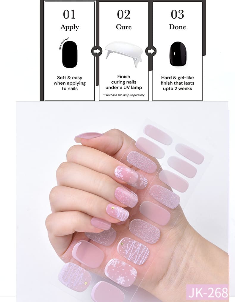 Semi Cured Gel Nail Strips with Pink Snowflakes