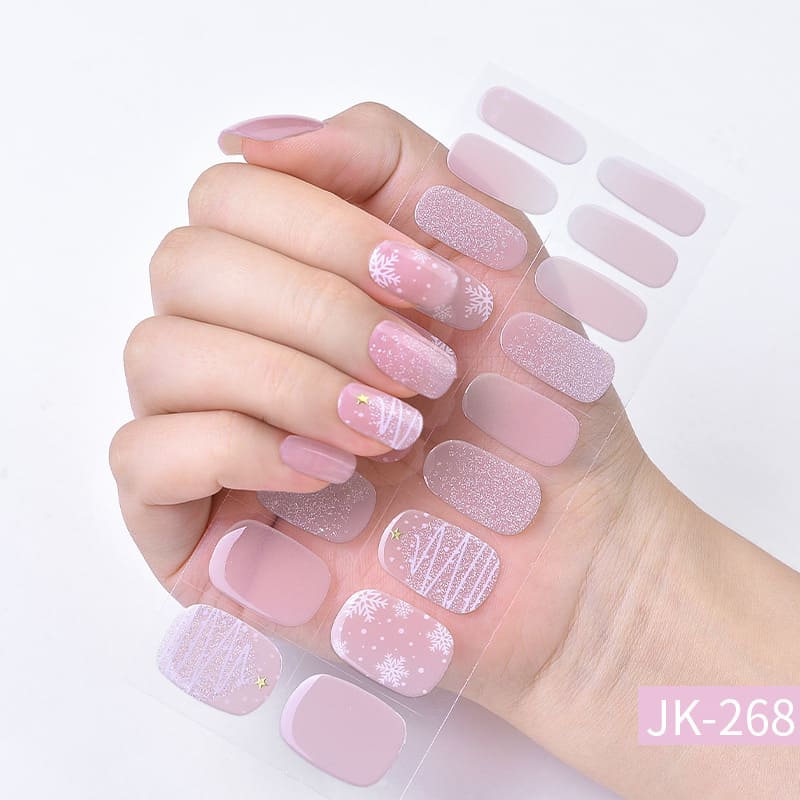 Semi Cured Gel Nail Strips with Pink Snowflakes