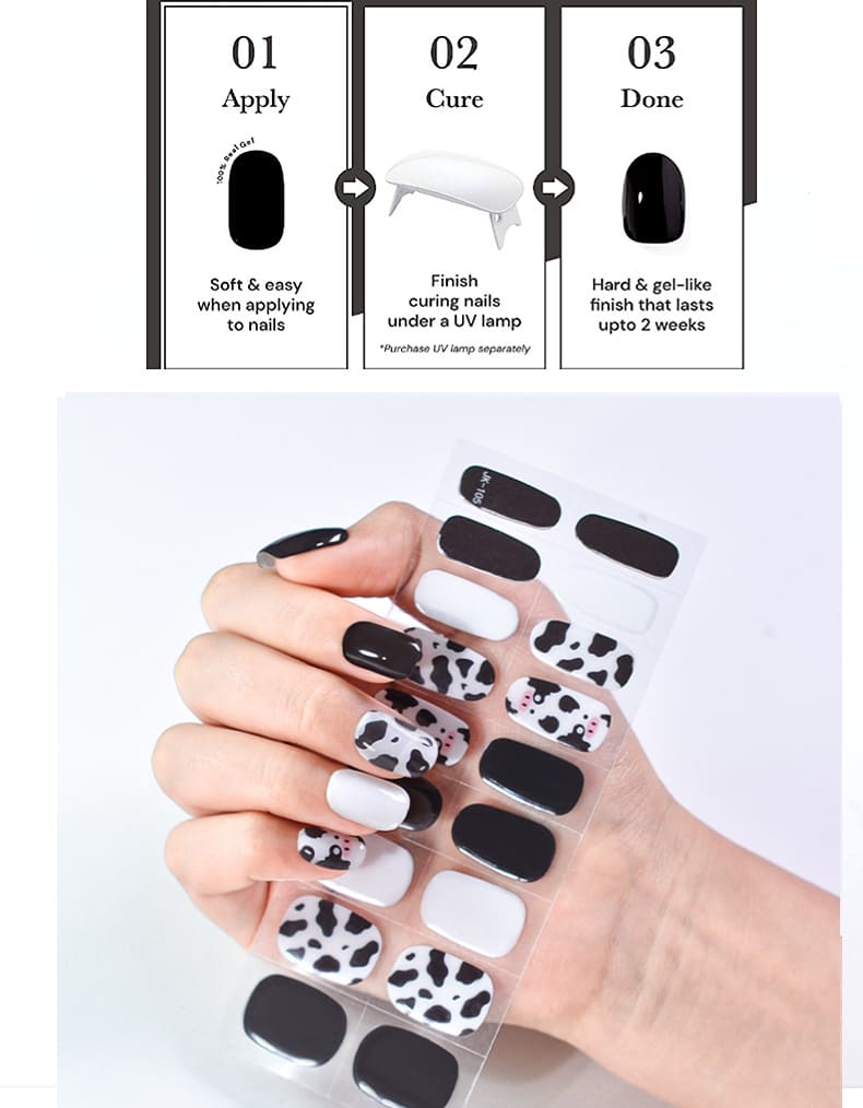 Cute Dairy Cow Semi Cured Gel Nail Strips