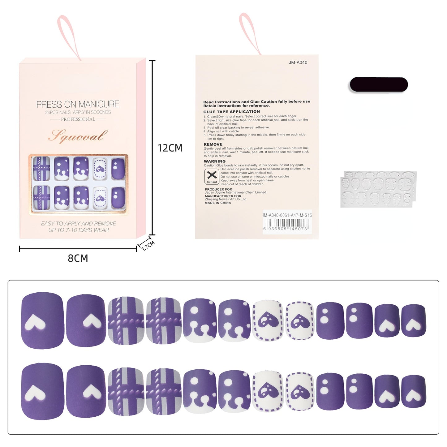 24 Pcs Short Nails Matte Press on Nails with Cute Purple Color Design Nails for Women