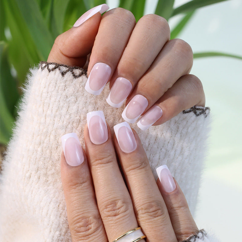 French Tip Press on Nails Medium Square Pink Nails for Women