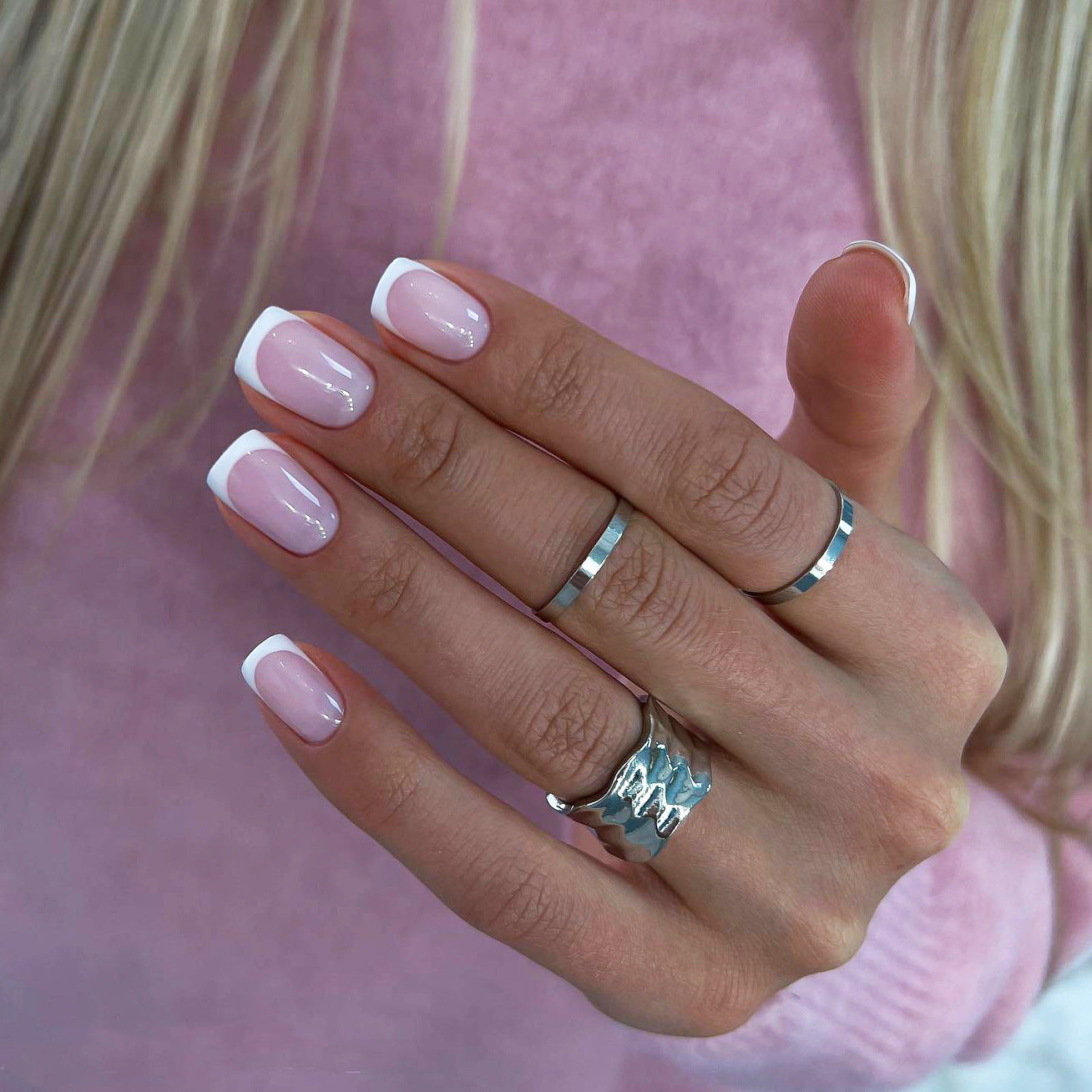 French Tip Press on Nails Medium Square Pink Nails for Women