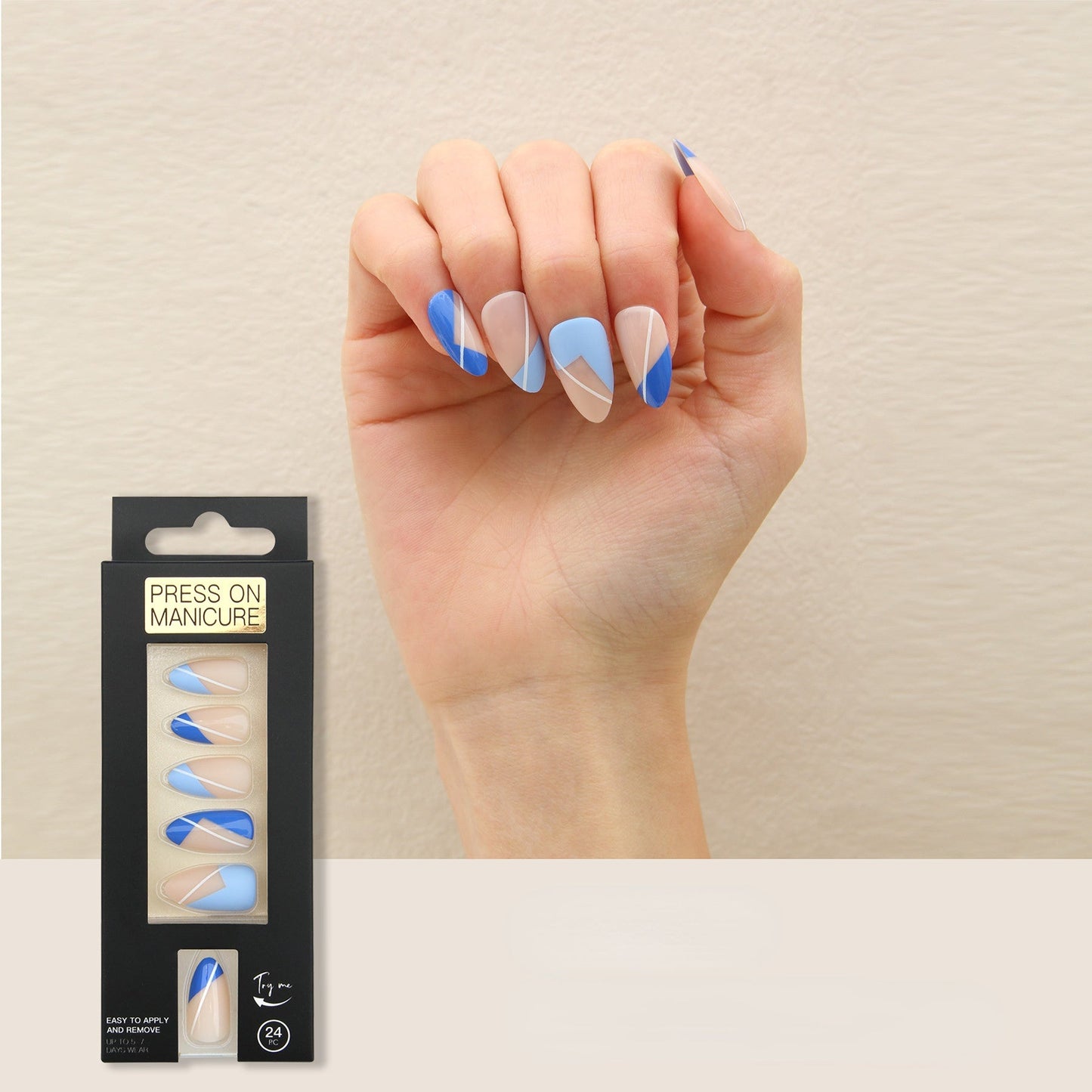 24 Pcs Press on Nails Medium Almond Acrylic Fake Nails Glue on Nails with Color Blue