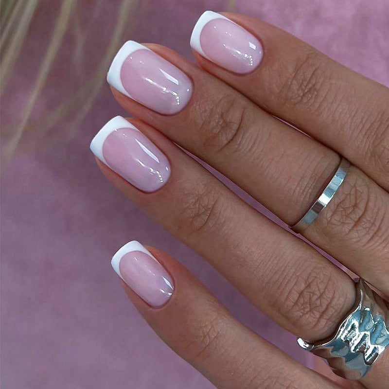French Tip Press on Nails Medium Square Pink Nails for Women