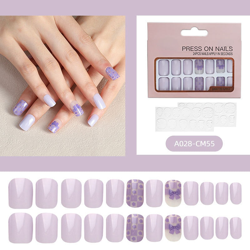 24 Pcs Short Nails with Color Purple Press on Nails Spring Summer Design Nails for Women