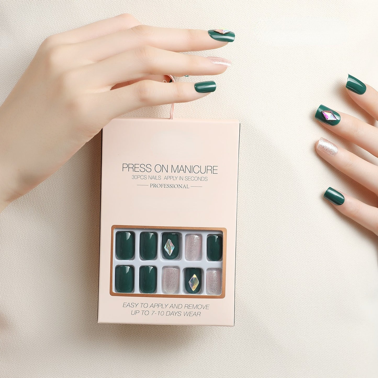 30 Pcs Short Nails 3D Acrylic Press on Nails French Green Color Design Nails for Women
