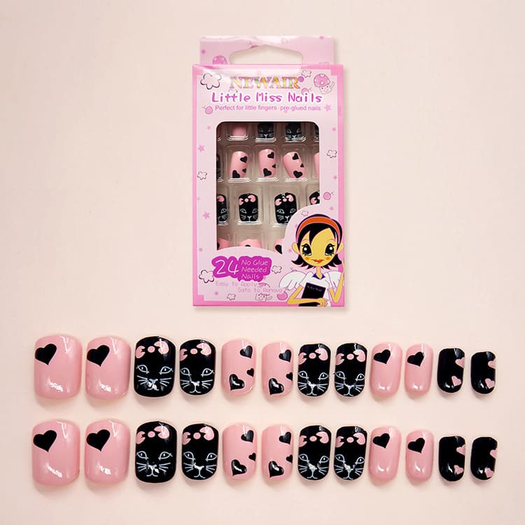 Short Fake Nails with Cute Cat for Girls