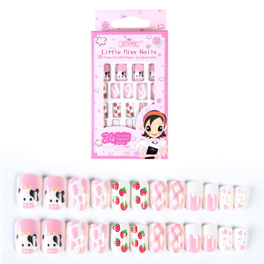 Short False Nails with Pink Strawberry for Girl Kids