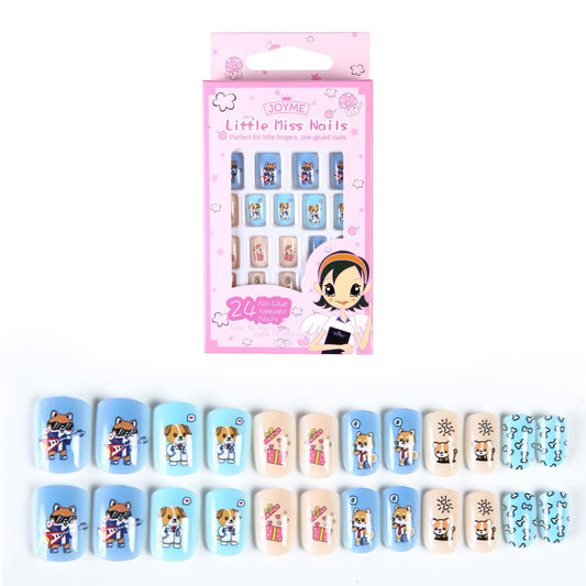 Blue Cute Dog Short Fake Nails for Girls Children Gift