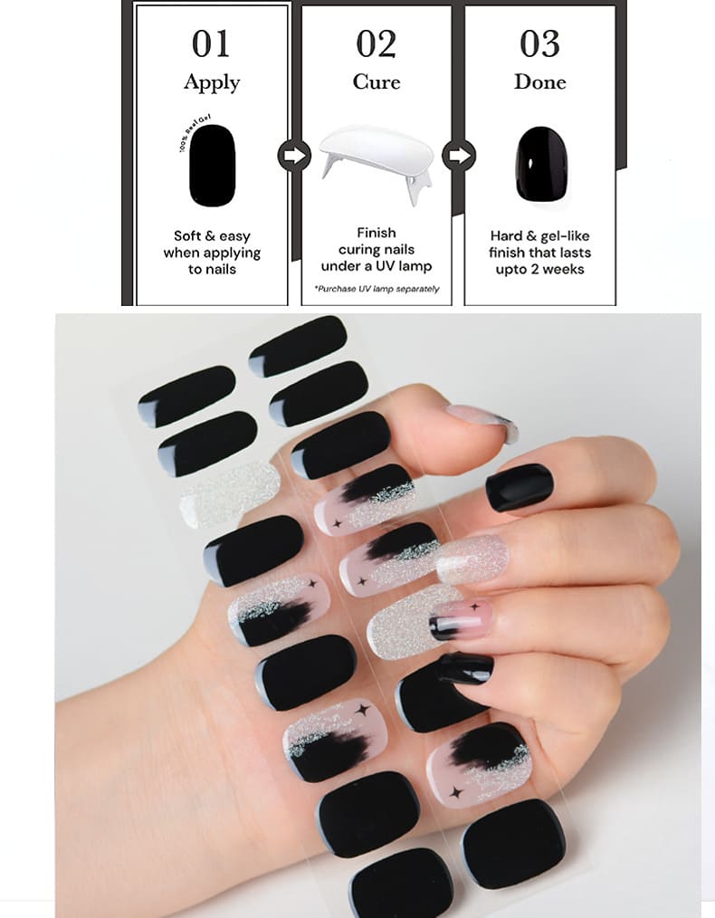 Black Bling Bling Semi Cured Gel Nail Strips