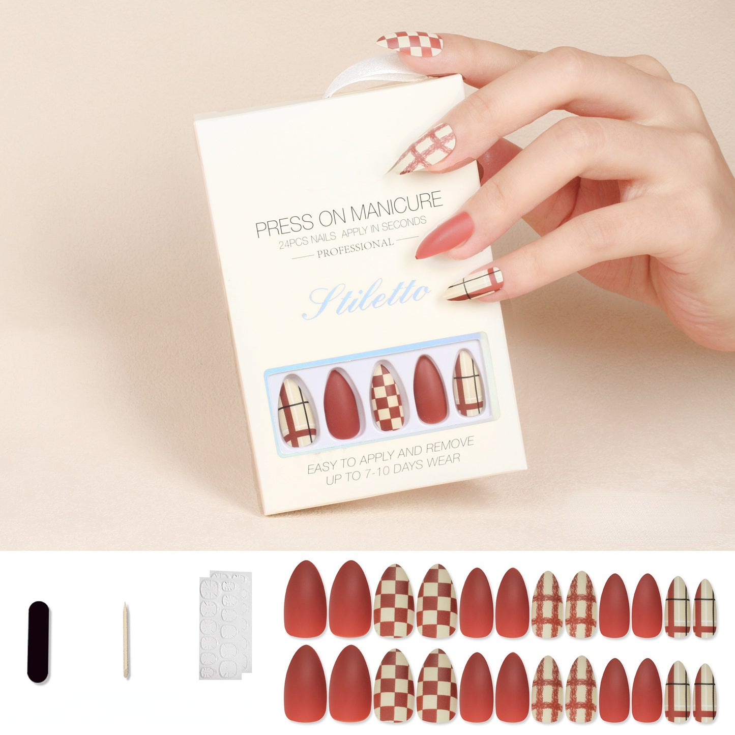 24 Pcs Short Nails Matte Press on Nails Almond Shape Grid Style Design Nails for Women