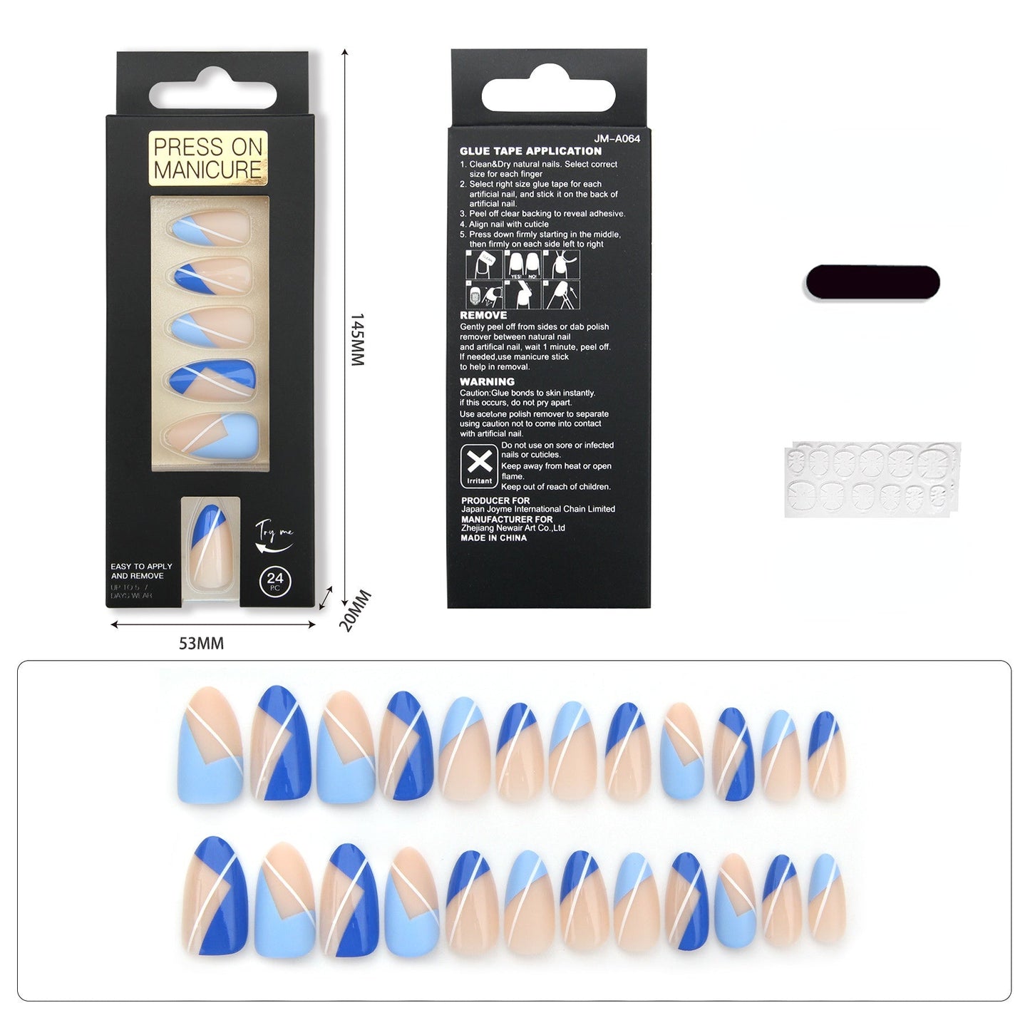 24 Pcs Press on Nails Medium Almond Acrylic Fake Nails Glue on Nails with Color Blue