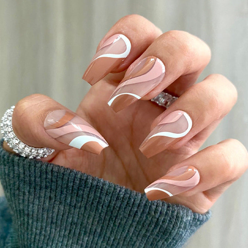 24 Pcs Press on Nails Medium Coffin Fake Nails with French Designs