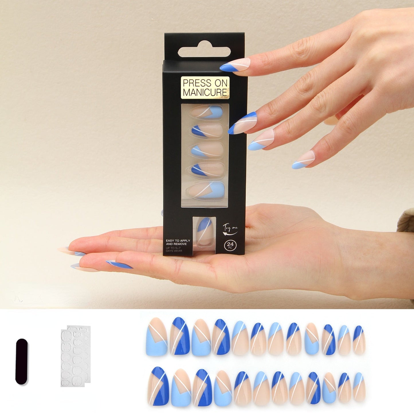 24 Pcs Press on Nails Medium Almond Acrylic Fake Nails Glue on Nails with Color Blue