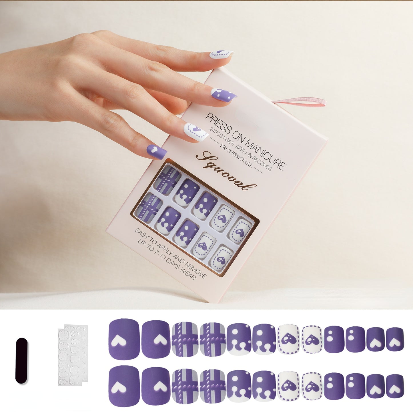 24 Pcs Short Nails Matte Press on Nails with Cute Purple Color Design Nails for Women