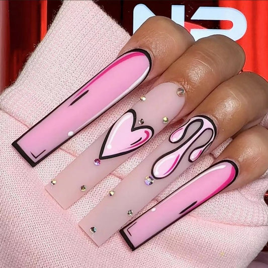 24 Pcs Press on Nails  Anime Love Graffiti Long  Acrylic Nails Fake Nails Manicure Kit